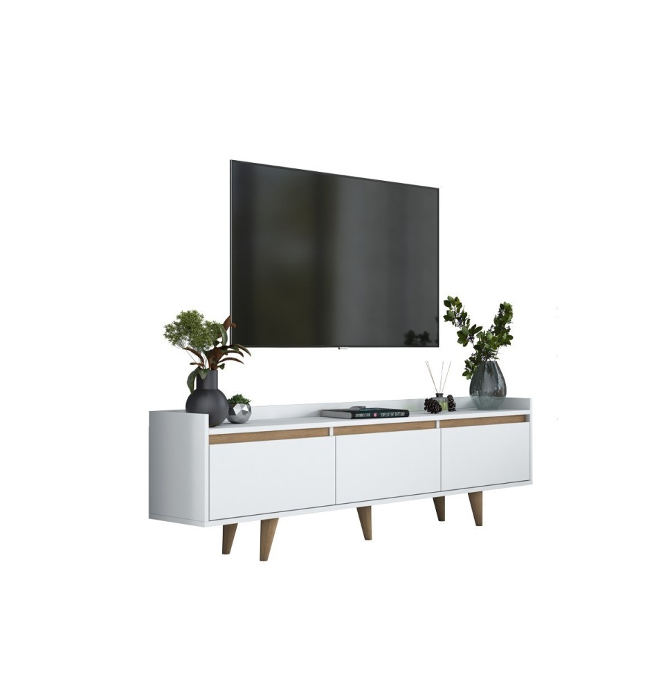 Mueble TV Nogal Blanco Melamina-Negro con Patas de Madera - 3 Puertas Abatibles - 180x29.7x51.8 cm - Elegancia y Espacio.